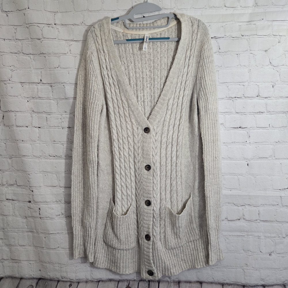 Aeropostale Women's Beige Cable Knit Cardigan Sz Xl Long Line Button Up V Neck